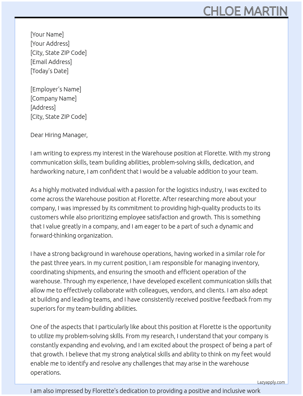 Warehouse  At Florette Cover Letter