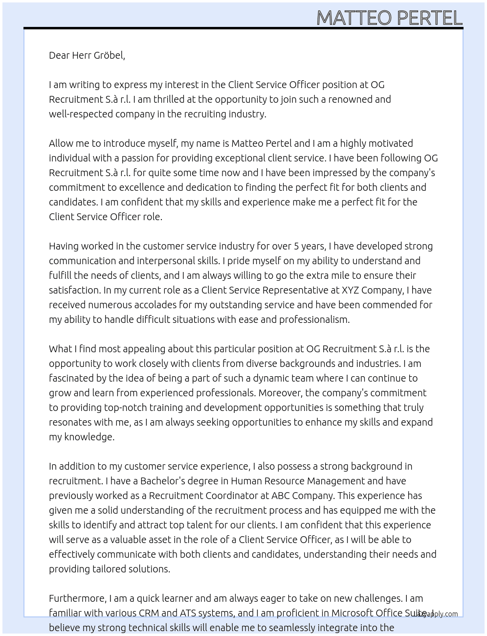 Client Service Officer At OG Recruitment S.à r.l. Cover Letter