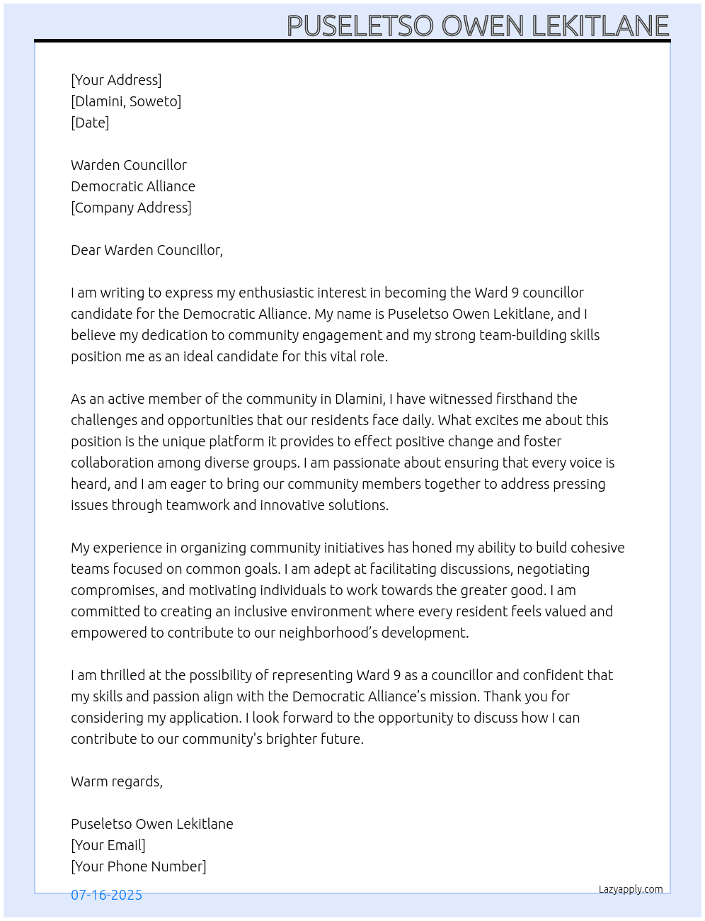 Ward 9 councillor cardidate  At Democratic alliance  Cover Letter