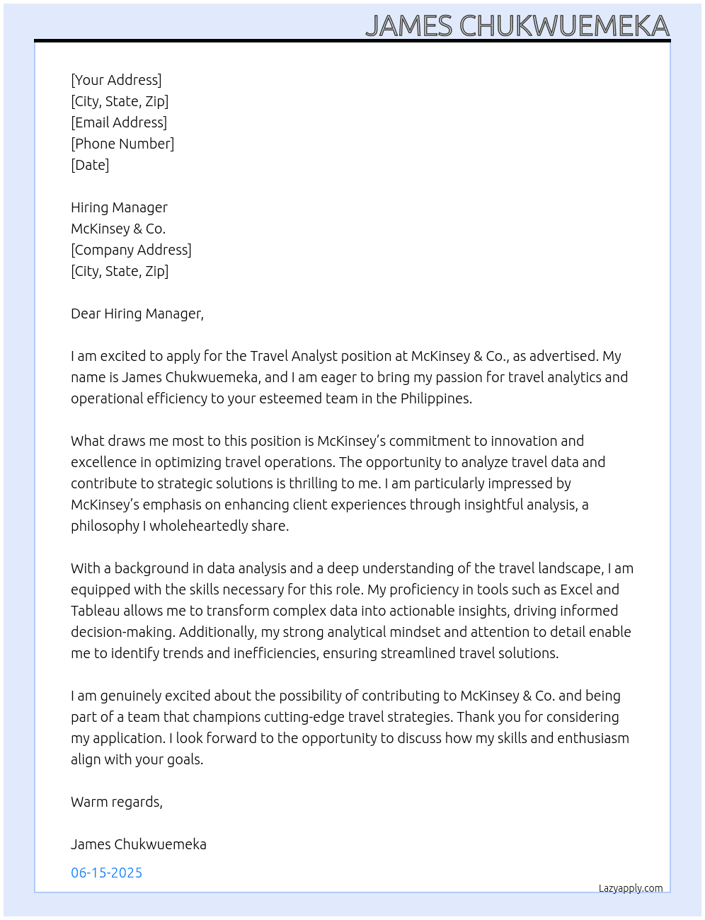 Travel Analyst At mckinsey & co. Cover Letter