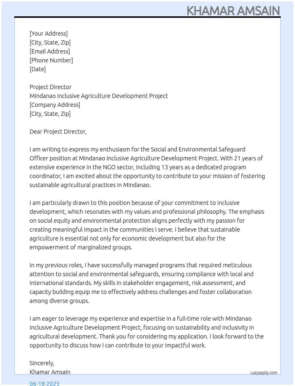 Cover letter for social and environmental safeguard officer - LazyApply