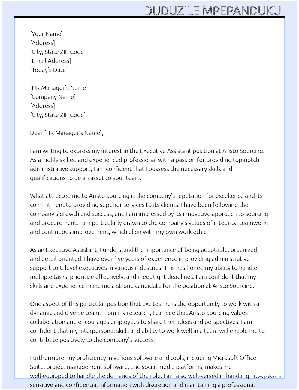 Executive assistant  At Aristo sourcing  Cover Letter