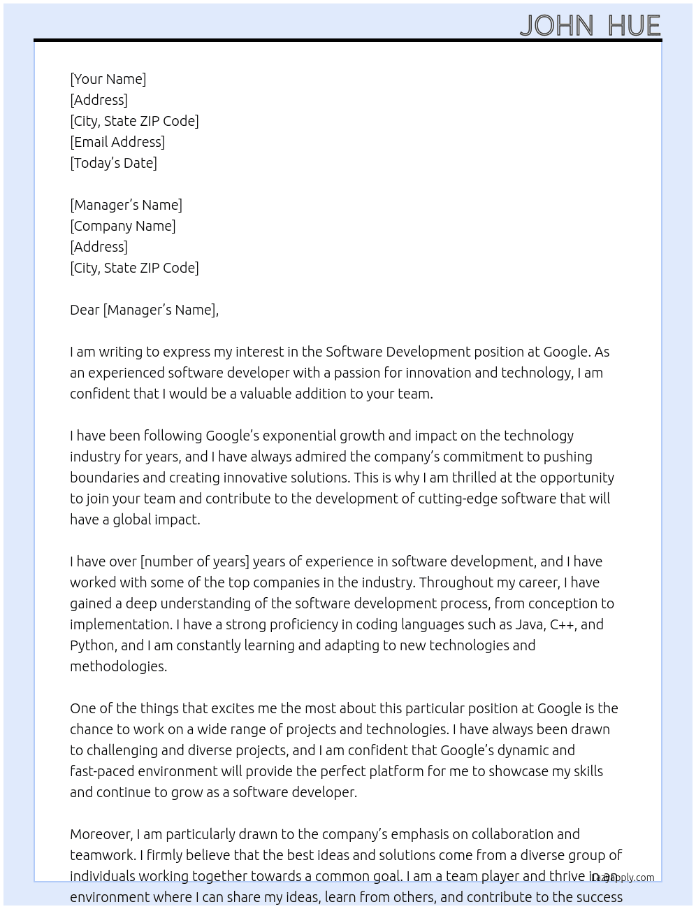 Software Development At Google  Cover Letter