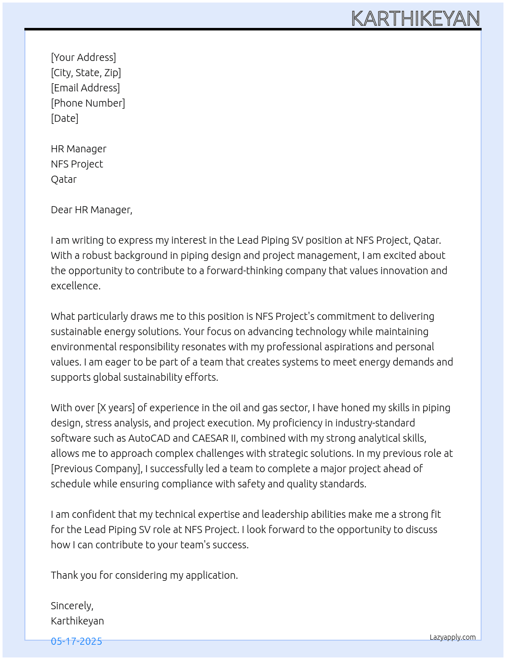 Cover letter for lead piping sv - LazyApply