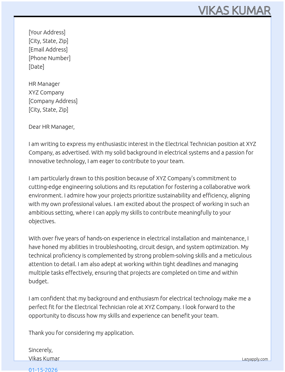 electrical technician At xyz Cover Letter