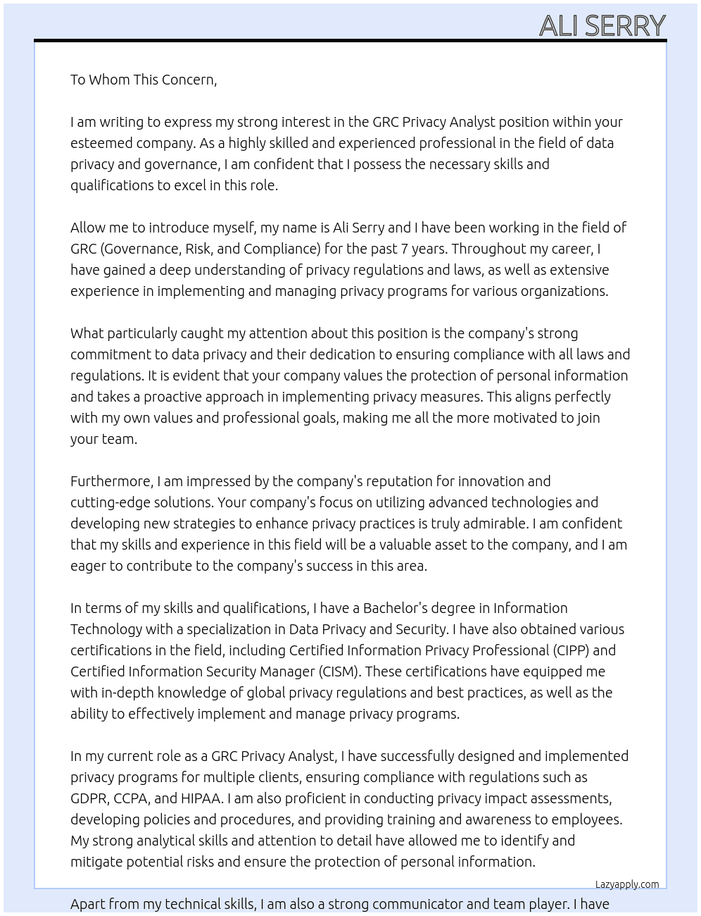 GRC Privacy Analyst At To Whom This Concern Cover Letter