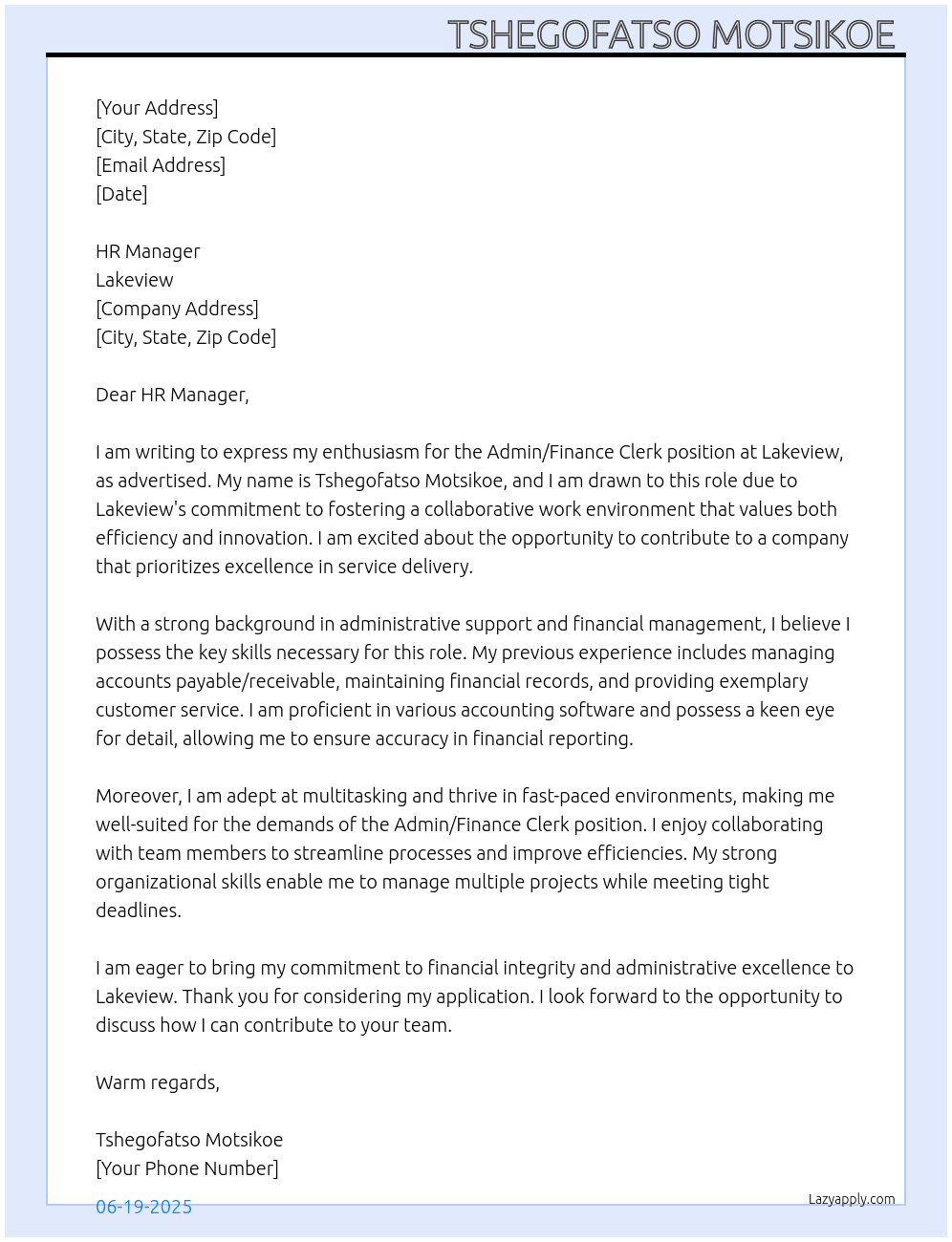 Admin/Finance Clerk  At Lakeview  Cover Letter