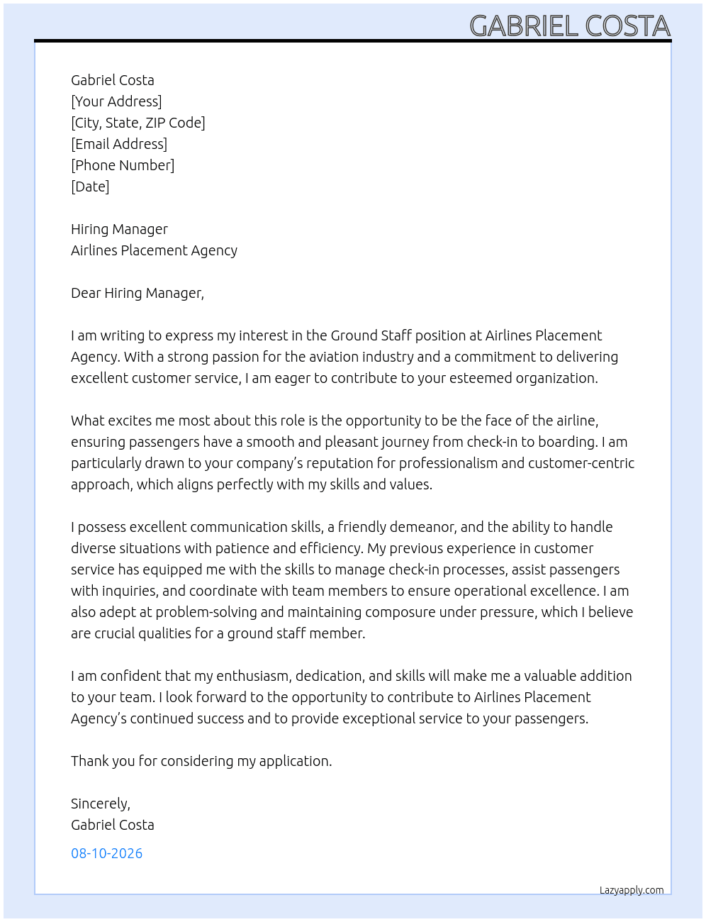 Ground staff At Airlines placement agency Cover Letter