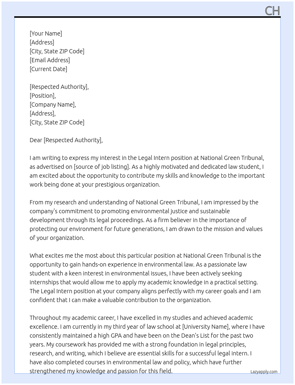 Legal Intern  At National green tribunal  Cover Letter