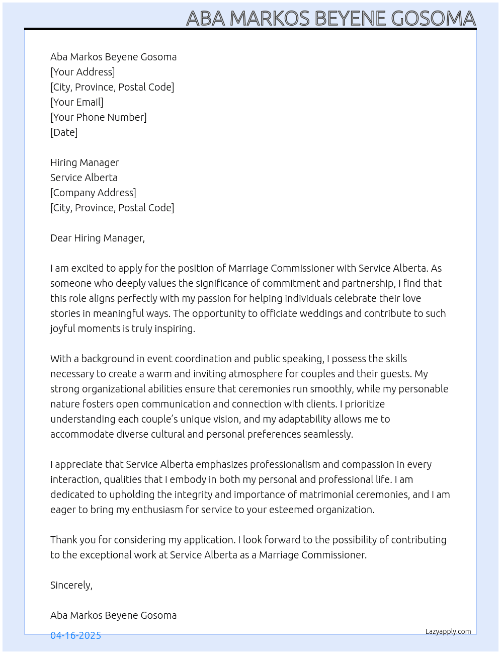 marriage commissioner At Service alberta Cover Letter