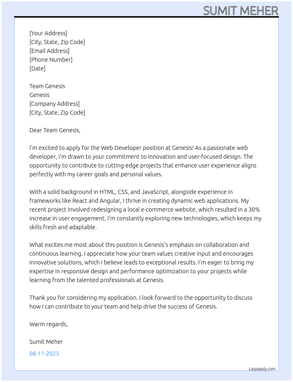 Web Developer At Genesis Cover Letter