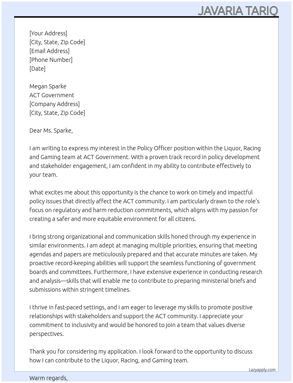 Policy Officer At ACT Government Cover Letter