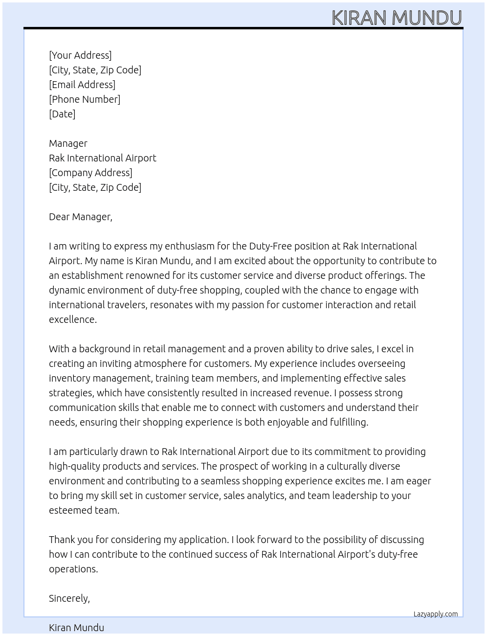Cover letter for duty free - LazyApply
