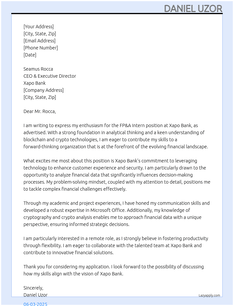 Cover letter for fp and a intern - LazyApply