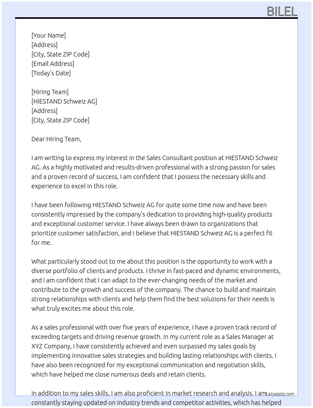 Sales Consultant At HIESTAND Schweiz AG  Cover Letter