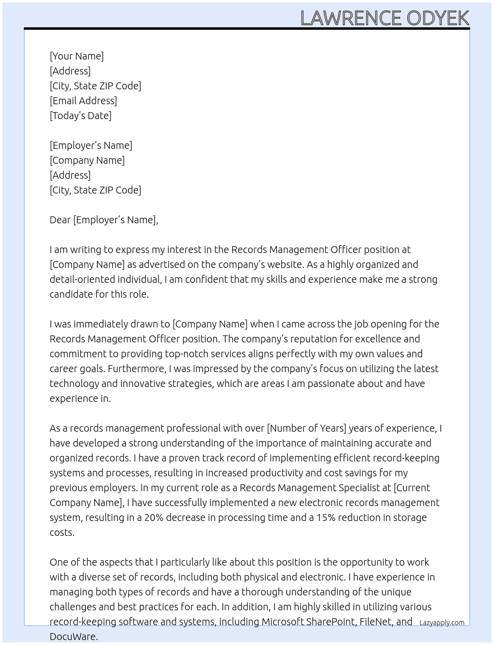 Records Management Officer At Lawrence Odyek Cover Letter