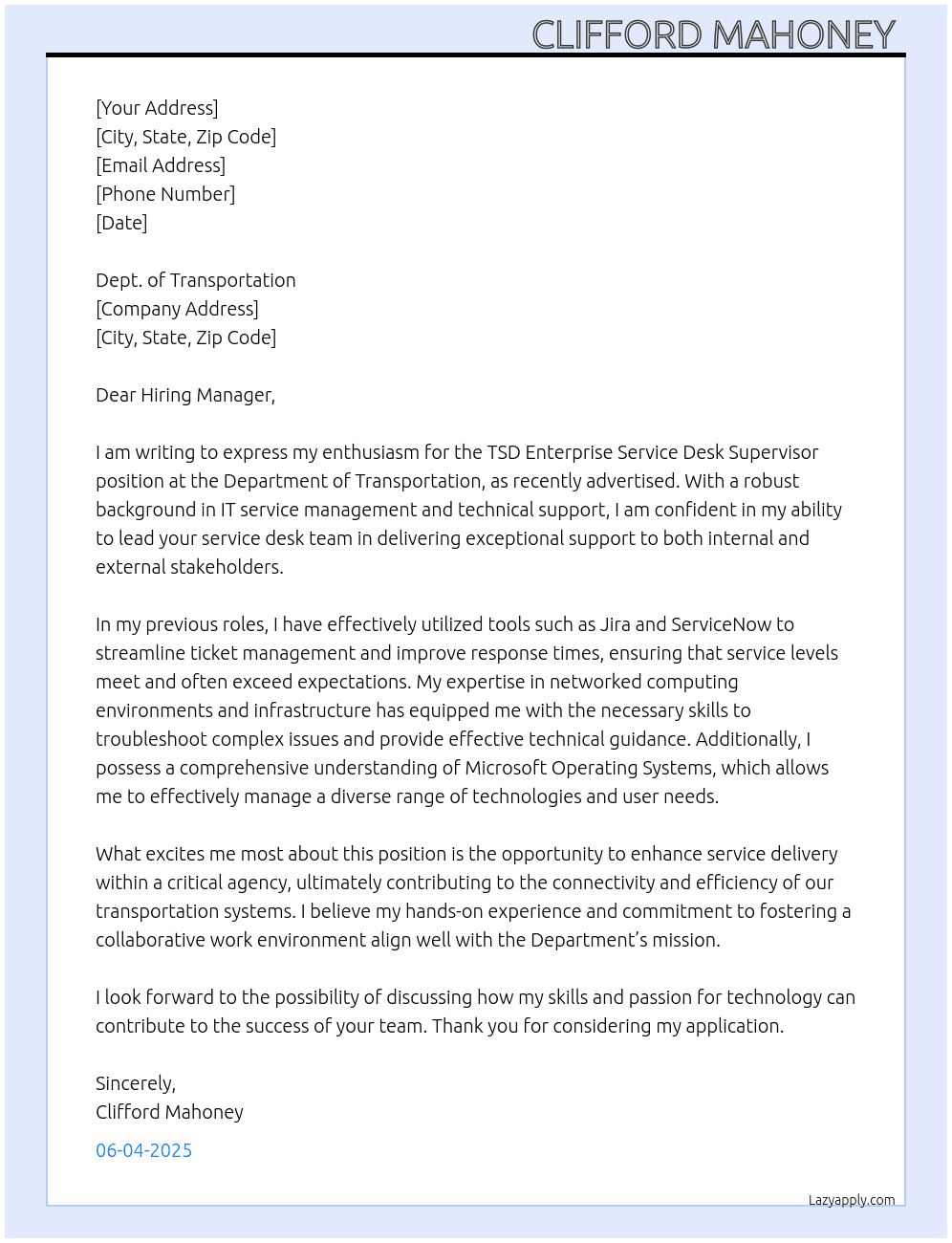 TSD Enterprise Service Desk Supervisor At Dept. of Transportation Cover Letter