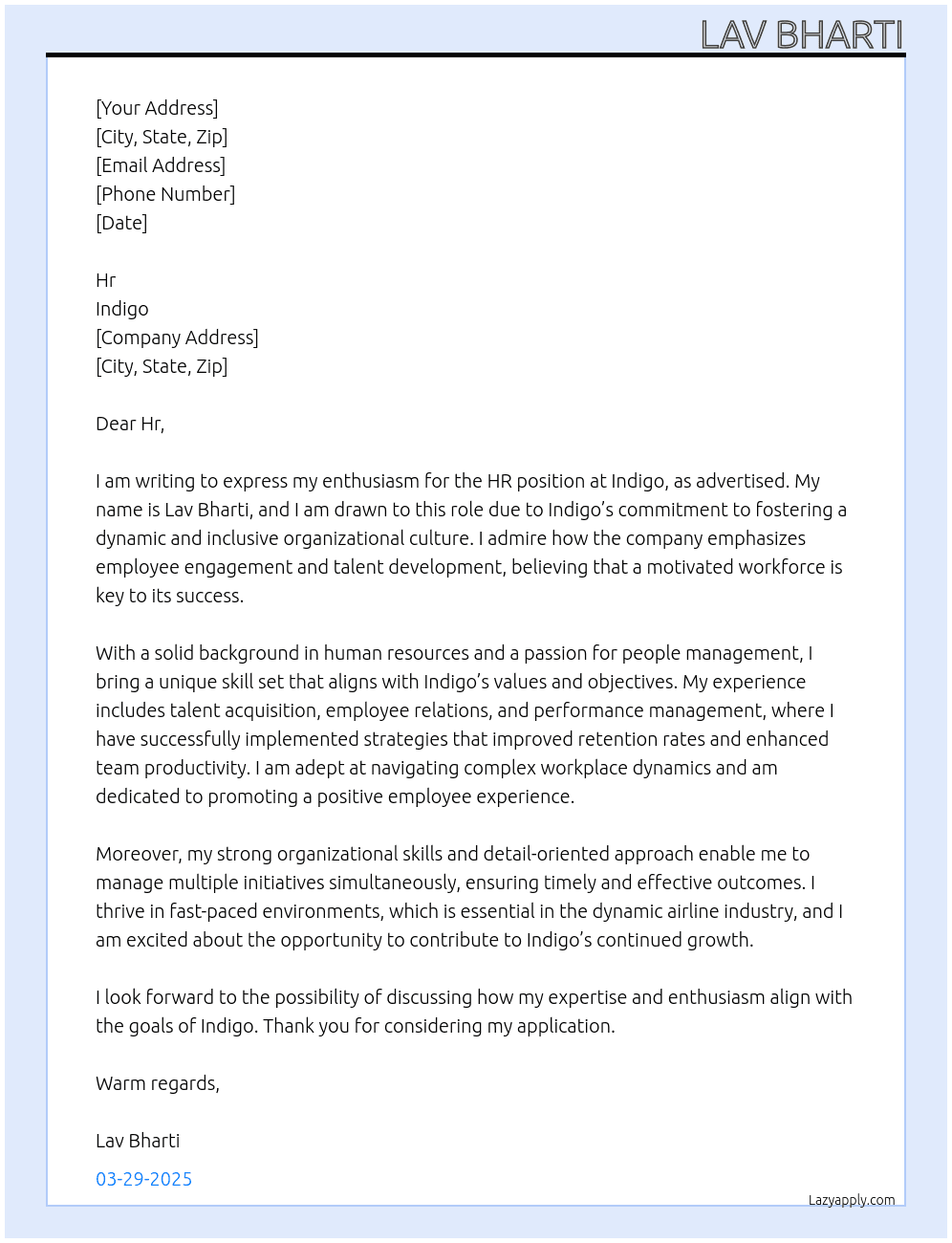 Hr At indigo Cover Letter