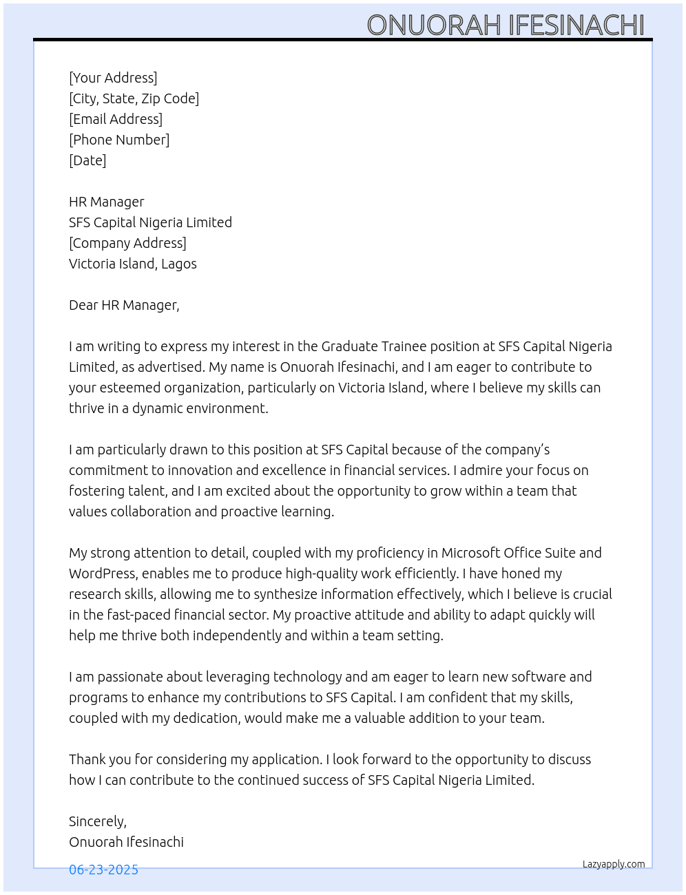 Graduate trainee At SFS Capital Nigeria Limited Cover Letter