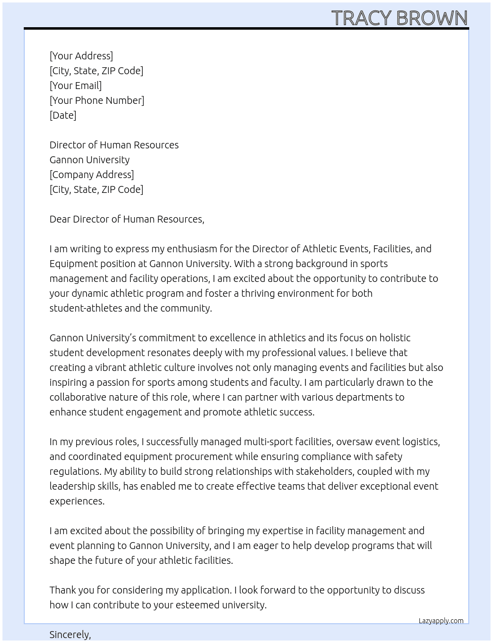 Director of Athletic Event, Facilities and Equipment At Gannon University Cover Letter