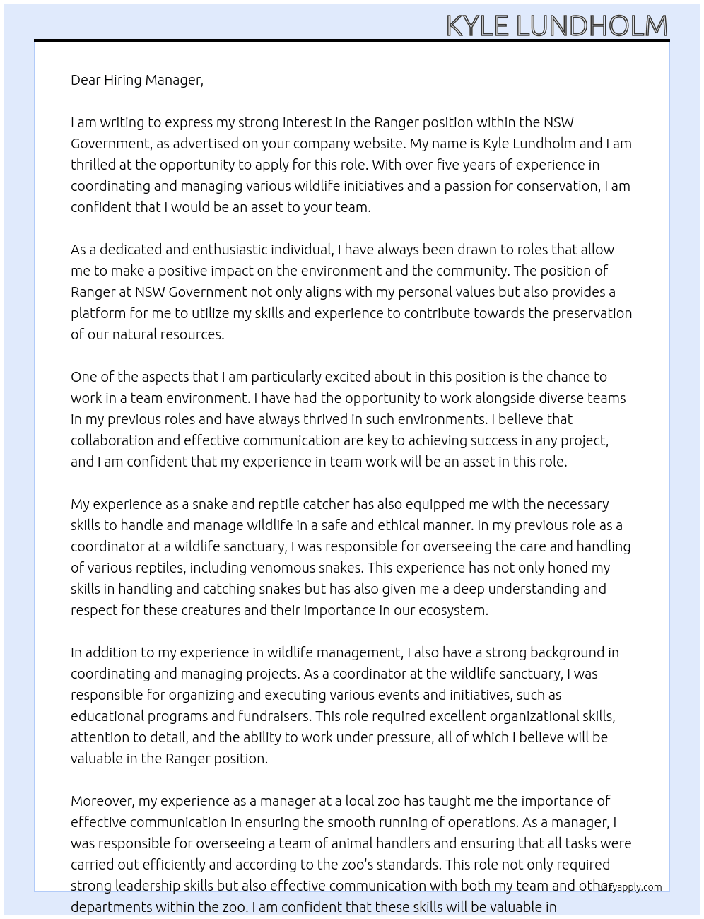 Ranger At NSW Government Cover Letter
