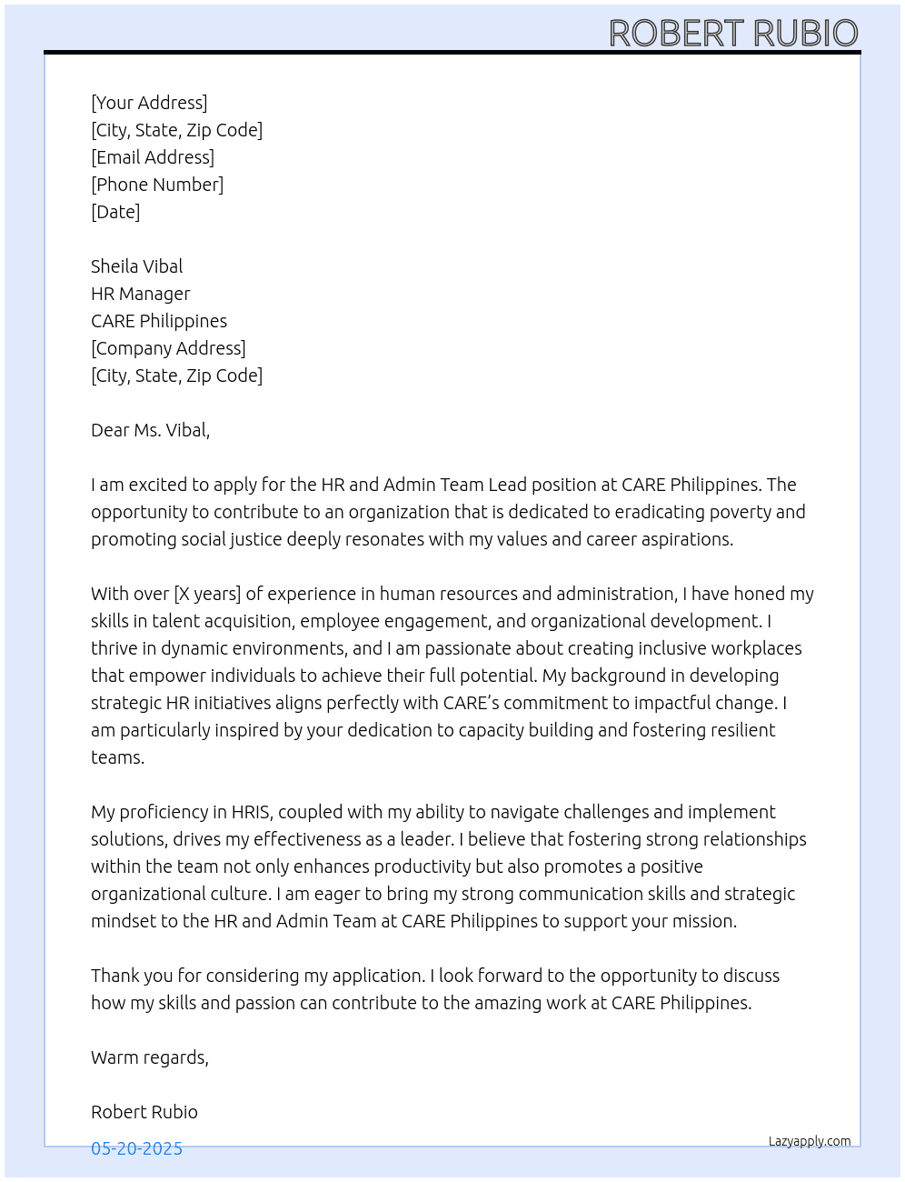 HR and Admin Team Lead At CARE Philippines Cover Letter