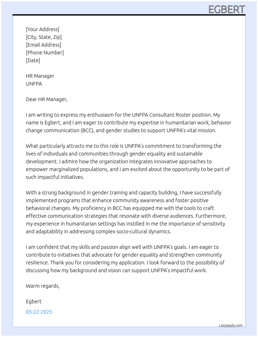 UNFPA Consultant Roster At  UNFPA Cover Letter