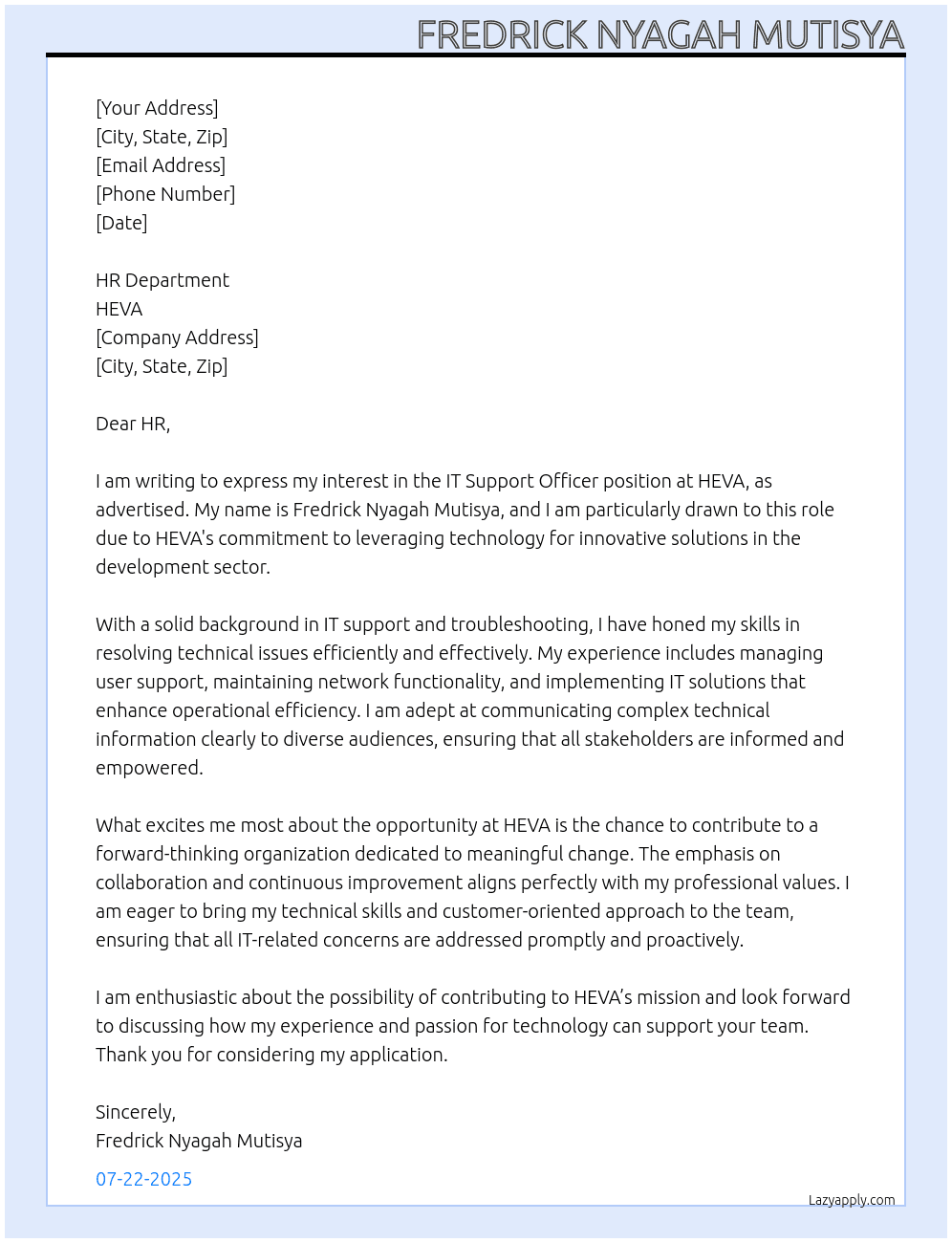 IT Support Officer At  HEVA Cover Letter