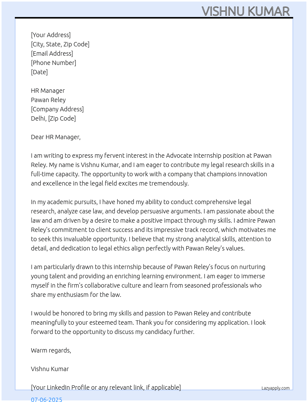 Advocate internship  At Pawan Reley  Cover Letter