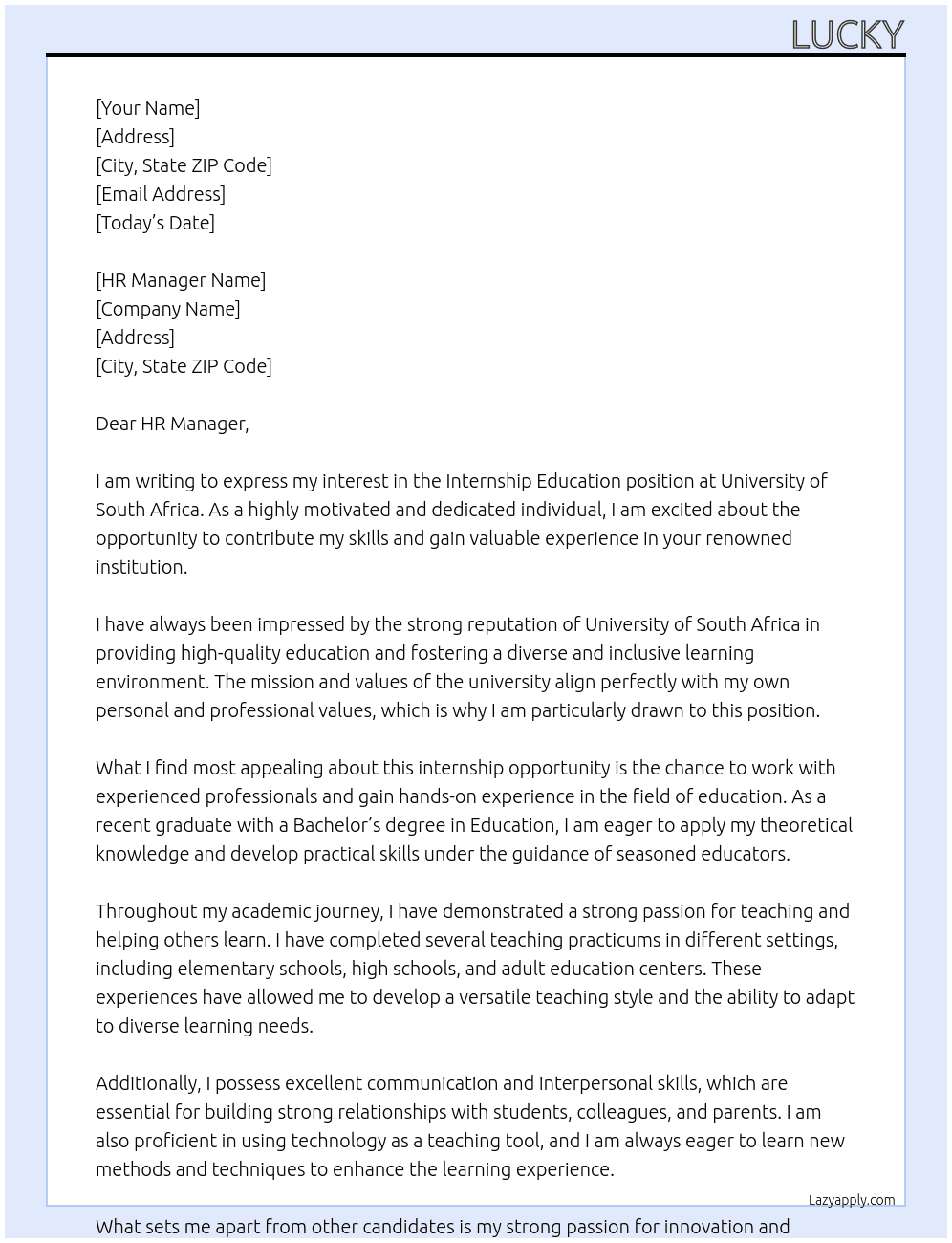 Cover letter for internship education - LazyApply
