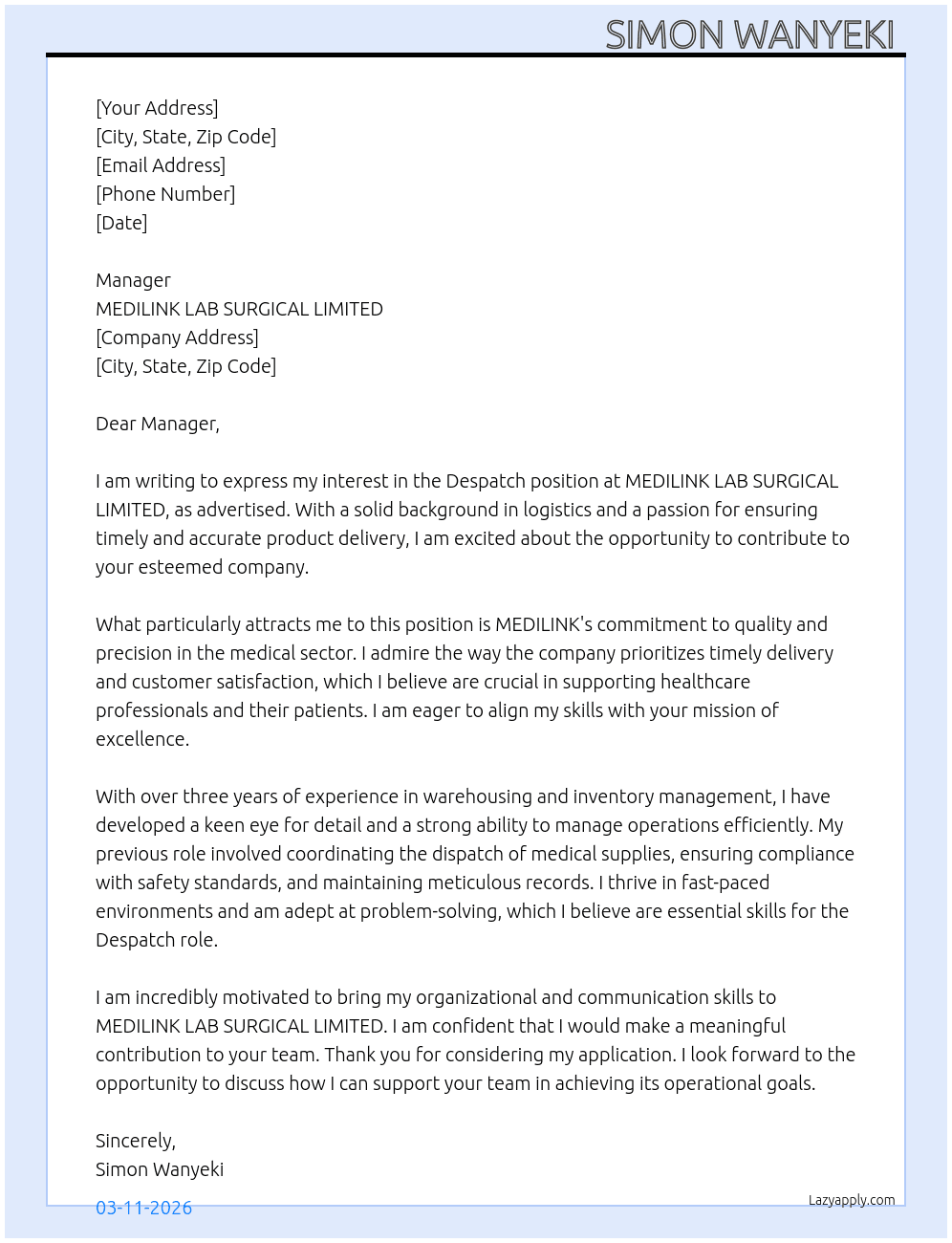 Despatch  At MEDILINK LAB SURGICAL LIMITED  Cover Letter