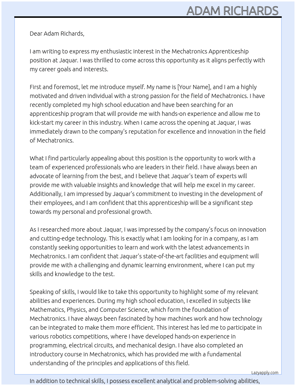 Mechatronics apprenticeship  At Jaquar Cover Letter
