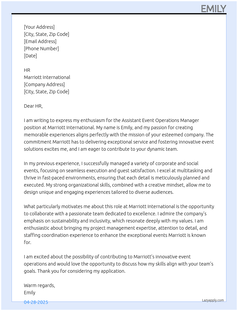 Assistant Event Operations Manager At Marriot International Cover Letter