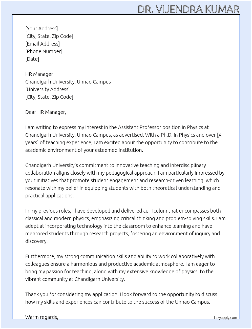 Assistant professor At Chandigarh University, Unnao Campus Cover Letter