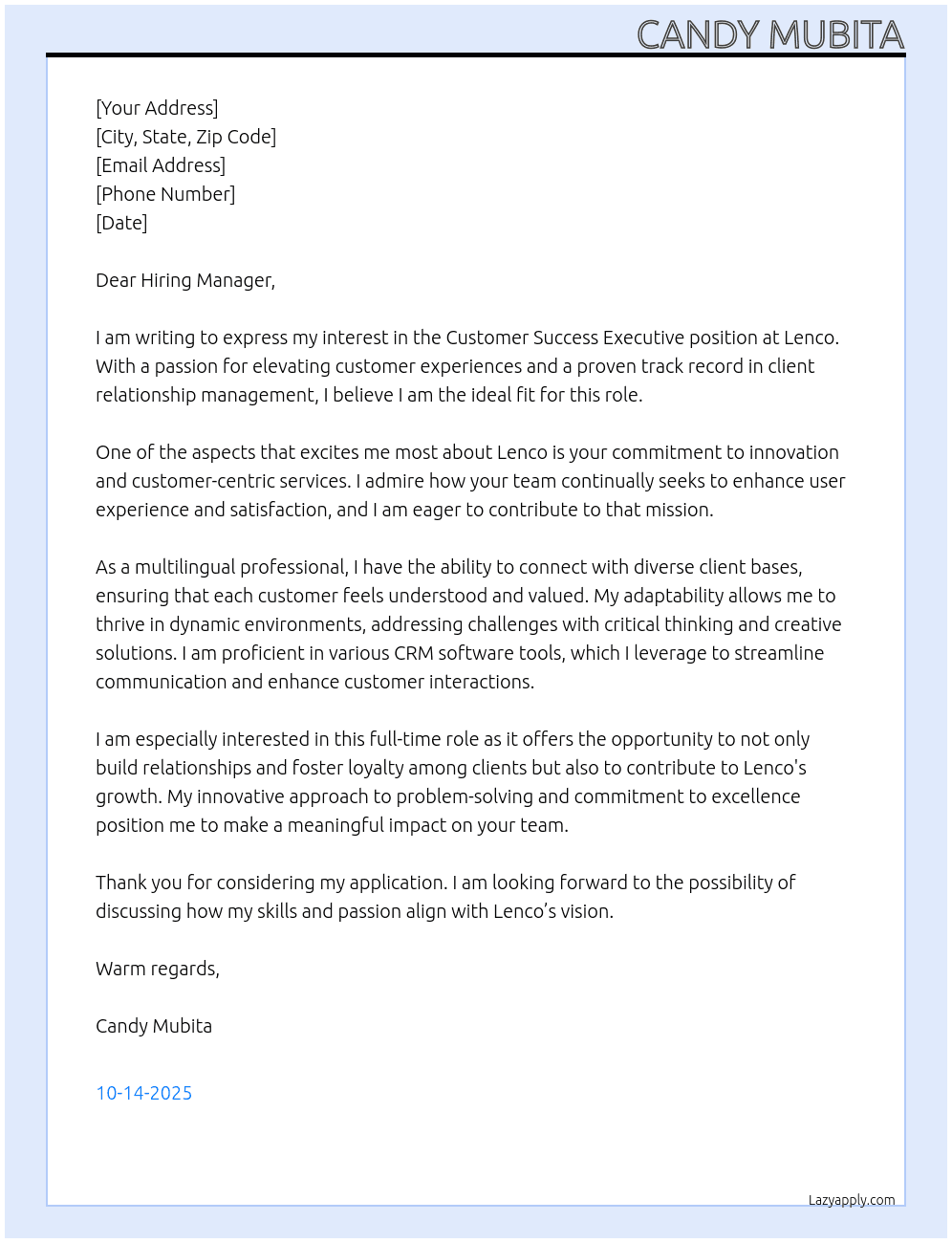 Customer Success Executive At Lenco Cover Letter