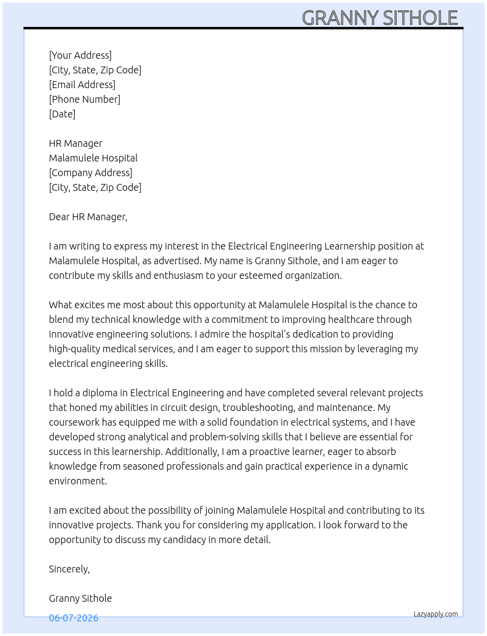Cover letter for electrical engineering learnership - LazyApply