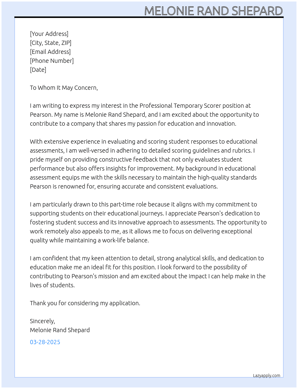 Professional Temporary Scorer At Pearson Cover Letter