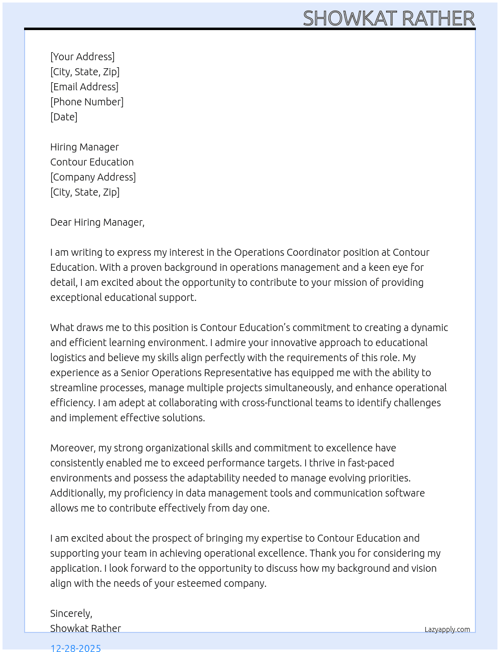 Operations Coordinator At Contour Education Cover Letter