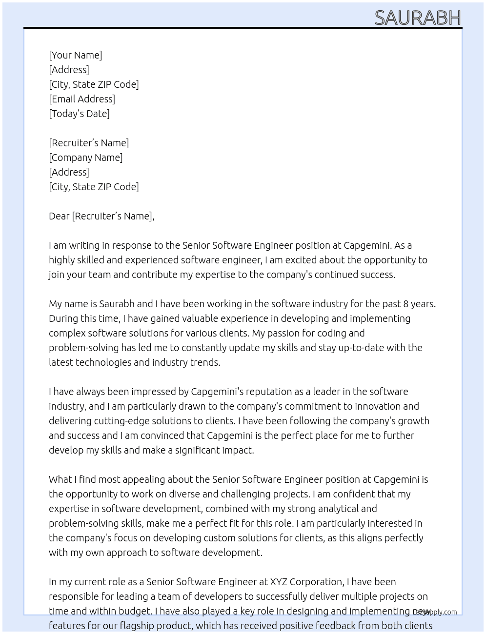 Sr. Software Engineer At Capgemini Cover Letter