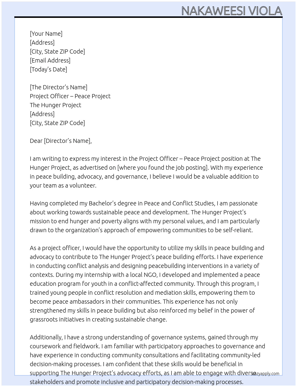 Cover letter for project officer-peace project - LazyApply
