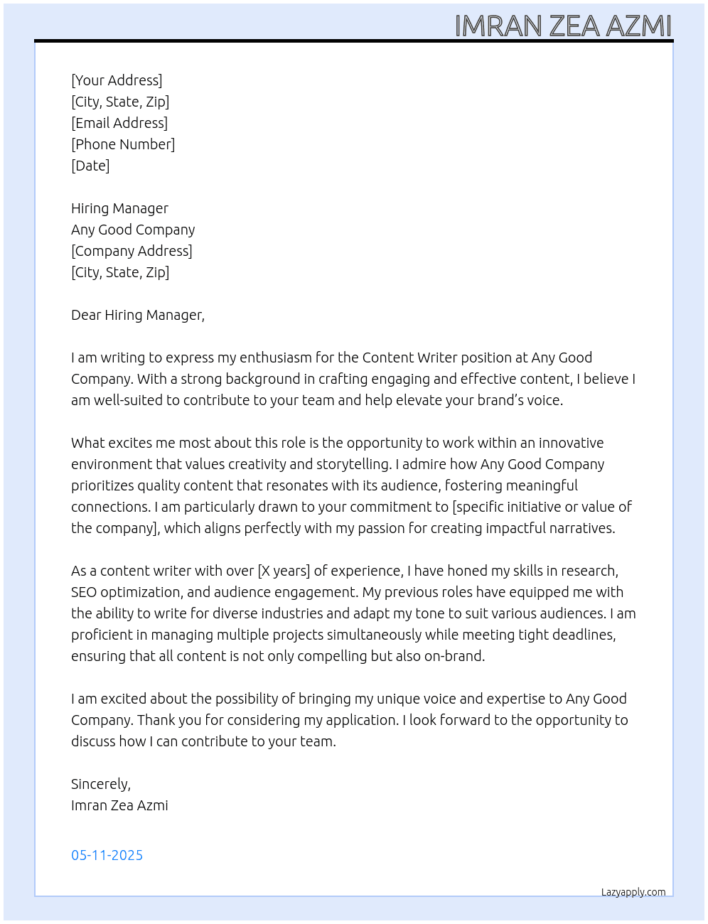 Content Writer At Any Good Company Cover Letter
