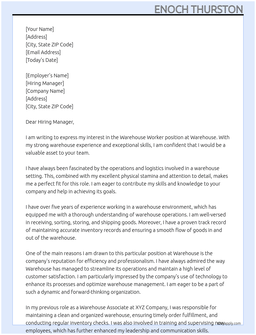 Warehouse Worker At Warehouse Cover Letter
