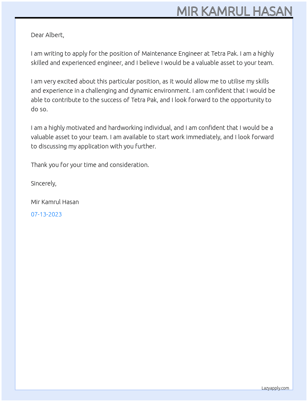 Maintenance Engineer At Tetra Pak Cover Letter