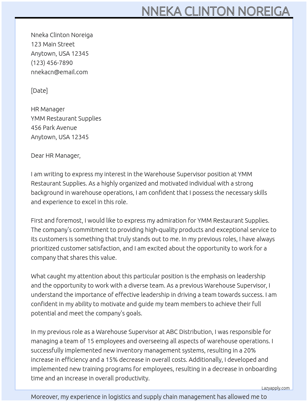 Warehouse supervisor  At YMM Restaurant Supplies  Cover Letter