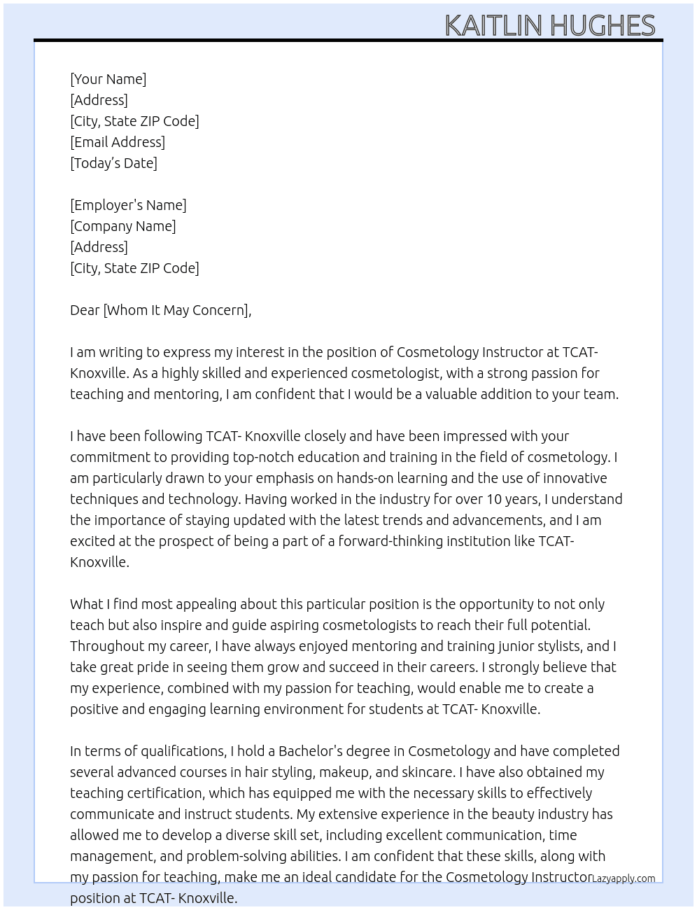 Cover letter for cosmetology instructor - LazyApply