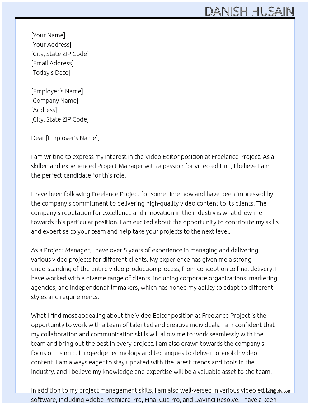 Video editor At Freelance project  Cover Letter