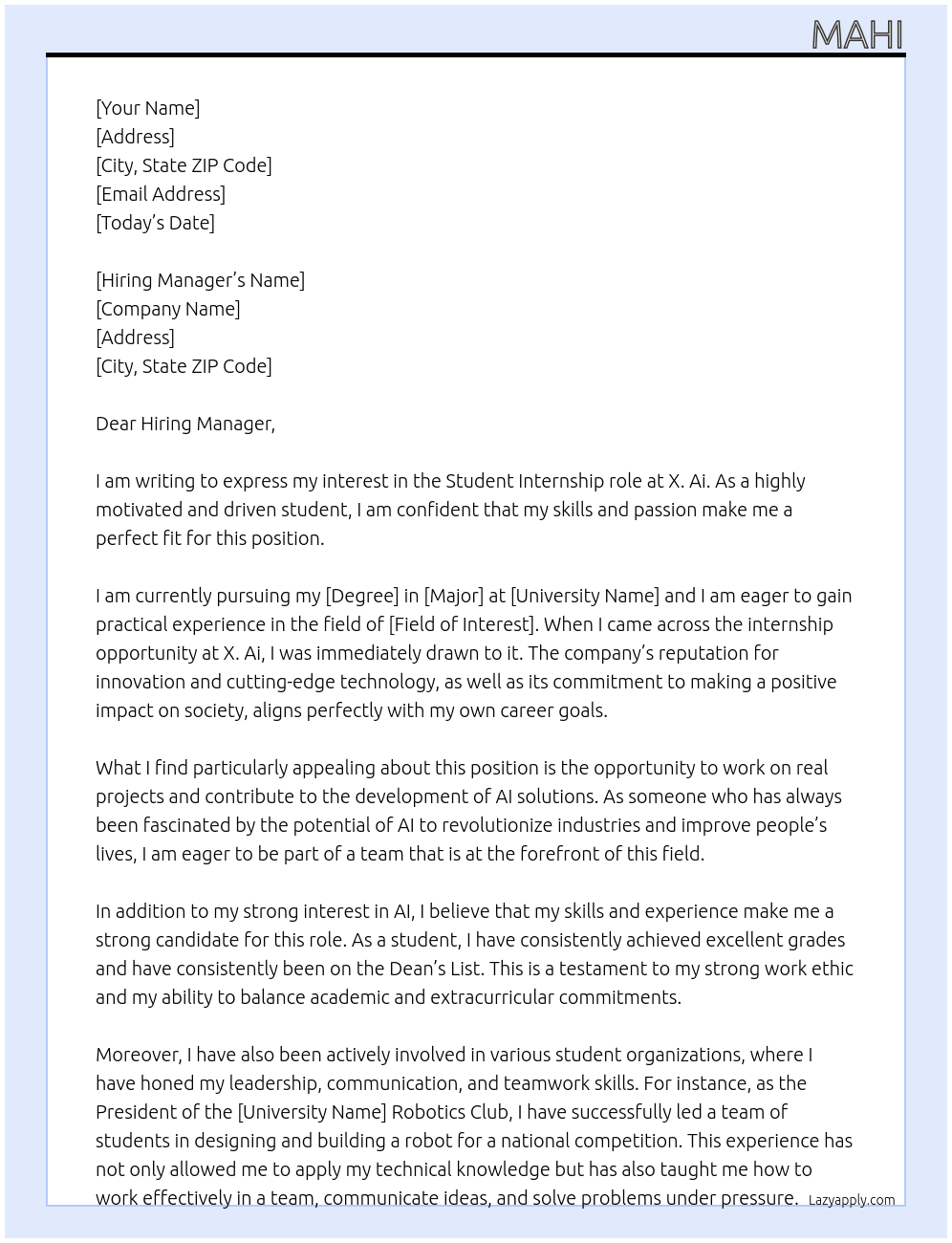 Student At X. Ai Cover Letter