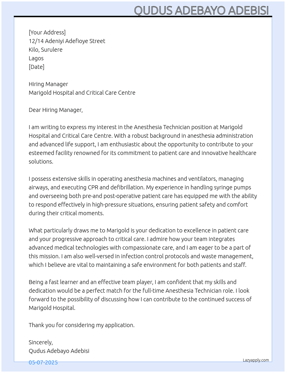 Anesthesia Technician  At Marigold Hospital and Critical Care Centre Cover Letter