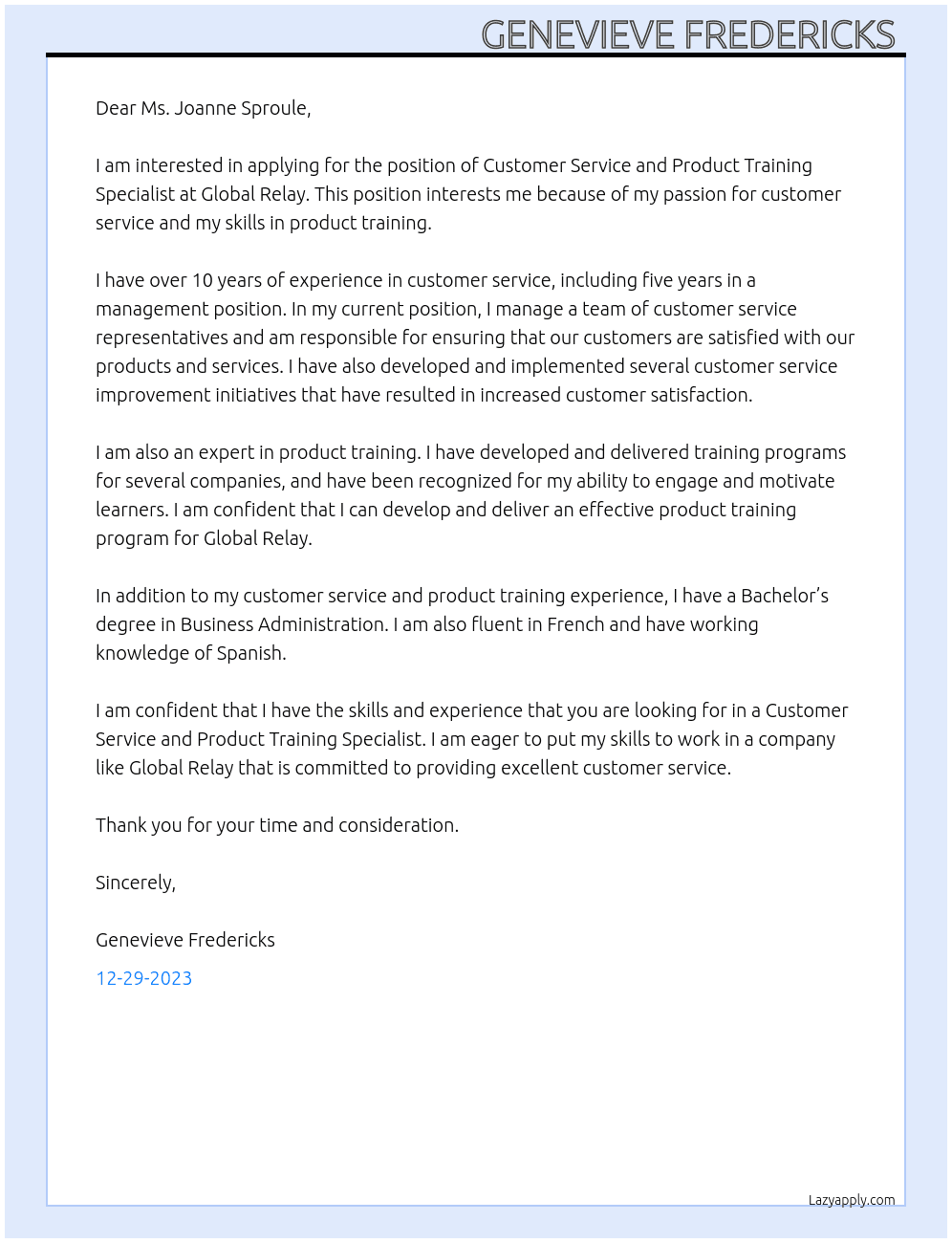 Customer Service and Product Training Specialist At Global Relay Cover Letter