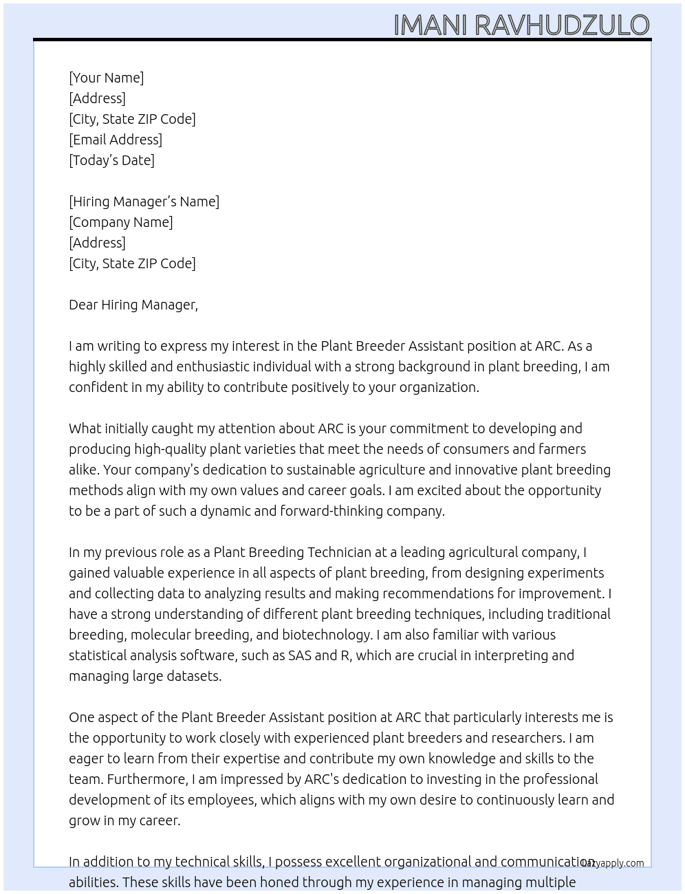 plant breeder assistant At ARC Cover Letter